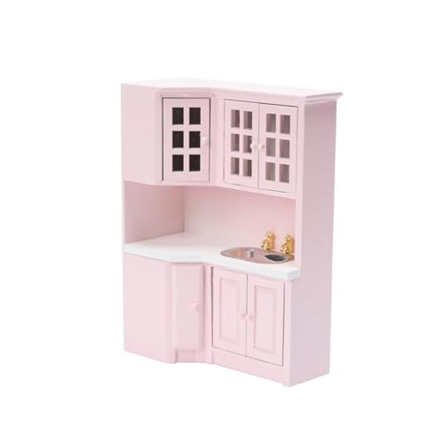 GIVBRO Miniatur-Waschbeckenschrank für Puppenhäuser – 1:12 Simulation Mini-Holzmöbel-Zubehör in Rosa für die Puppenhausdekoration von GIVBRO