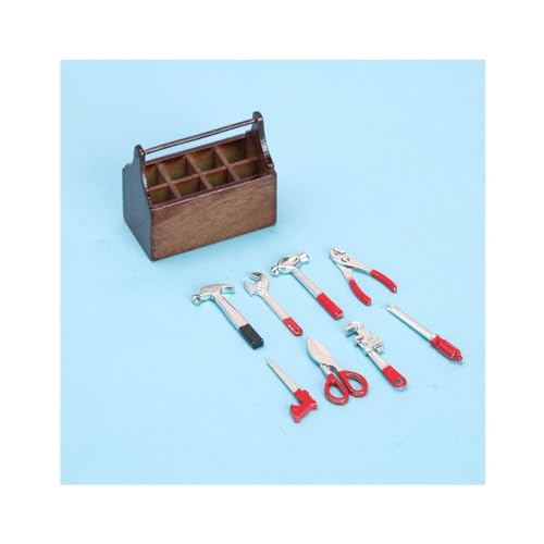 GIVBRO Miniatur-Werkzeugkoffer für Puppenhäuser mit Simulations-Schraubenschlüssel-Hammer-Scheren-Set – 1:12 Simulations-Miniatur-Zubehör aus Holz für Puppenhaus-Dekor, 9-tlg. (#A) von GIVBRO