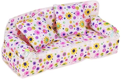 GIVBRO Puppenhaus Mini Stoffsofa und 2 Kissen Spielzeug Set Floral Printed Puppenhaus Miniatur Möbel Couch für Puppenhaus Dekoration, 1 Set von GIVBRO