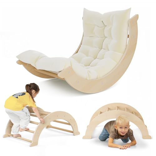 GJCrafts Kletterbogen, 2 in 1 Bogenwippe, Holz Indoor Klettergerüst für Babys ab 3 Jahr, Schaukelboot mit Kissen, Spielbogen mit Kletterdreieck/Rutsche Kombinierbar, Leiter für Gleichgewichtstraining von GJCrafts