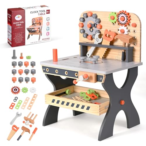 GJCrafts Werkbank Kinder Miniwerkstatt Inkl. Werkzeugen und Zubehör Holz Spielzeug Spiel kreatives Bauen Spielzeug für Kinder ab 3 Jahren Werkzeugbank,39.5×29.5×54cm von GJCrafts