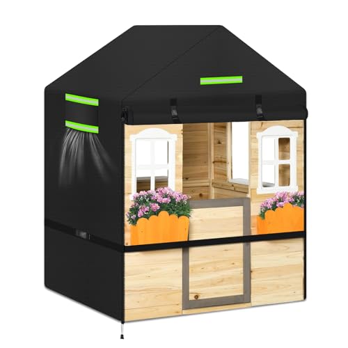 Kinderspielhaus-Abdeckungen,Spielhaus Outdoor Abdeckplane Wasserdicht 600D Oxford Gartenhaus Spielhäusr Abdeckung mit Reißverschluss, Reflektierende Streifen,112x107x130CM(Schwarz,112) von GJMZTQG