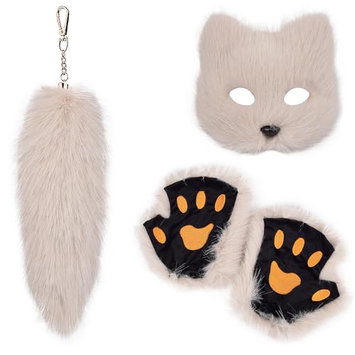 GKYQVE Mode Foxes Kostüme Set Mit Weichen Maskenhandschuhen Und Plüsch Schwanz Schlüsselbund Set Für Maskerades Event Stilvolle Outfit GKYQVE Mode Foxes Kostüme Set Mit Weichen Maskenhandschuhen Und Plüsch Schwanz Schlüsselbund Set Für Maskerades Event Stilvolle Outfit von GKYQVE