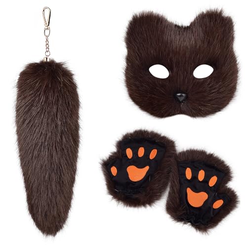 GKYQVE Mode Foxes Kostüme Set Mit Weichen Maskenhandschuhen Und Plüsch Schwanz Schlüsselbund Set Für Maskerades Event Stilvolle Outfit GKYQVE Mode Foxes Kostüme Set Mit Weichen Maskenhandschuhen Und Plüsch Schwanz Schlüsselbund Set Für Maskerades Event Stilvolle Outfit von GKYQVE