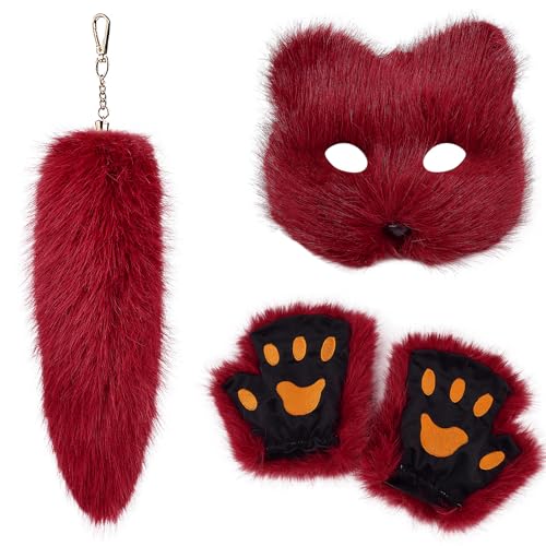 GKYQVE Mode Foxes Kostüme Set Mit Weichen Maskenhandschuhen Und Plüsch Schwanz Schlüsselbund Set Für Maskerades Event Stilvolle Outfit GKYQVE Mode Foxes Kostüme Set Mit Weichen Maskenhandschuhen Und Plüsch Schwanz Schlüsselbund Set Für Maskerades Event Stilvolle Outfit von GKYQVE