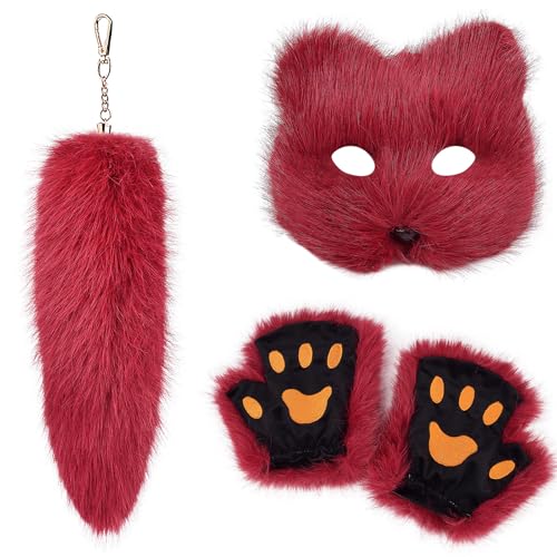 GKYQVE Mode Foxes Kostüme Set Mit Weichen Maskenhandschuhen Und Plüsch Schwanz Schlüsselbund Set Für Maskerades Event Stilvolle Outfit GKYQVE Mode Foxes Kostüme Set Mit Weichen Maskenhandschuhen Und Plüsch Schwanz Schlüsselbund Set Für Maskerades Event Stilvolle Outfit von GKYQVE