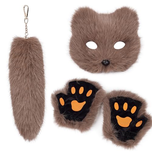 GKYQVE Mode Foxes Kostüme Set Mit Weichen Maskenhandschuhen Und Plüsch Schwanz Schlüsselbund Set Für Maskerades Event Stilvolle Outfit GKYQVE Mode Foxes Kostüme Set Mit Weichen Maskenhandschuhen Und Plüsch Schwanz Schlüsselbund Set Für Maskerades Event Stilvolle Outfit von GKYQVE