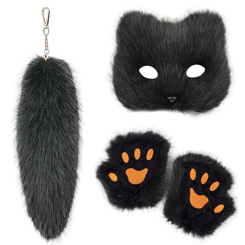 GKYQVE Mode Foxes Kostüme Set Mit Weichen Maskenhandschuhen Und Plüsch Schwanz Schlüsselbund Set Für Maskerades Event Stilvolle Outfit GKYQVE Mode Foxes Kostüme Set Mit Weichen Maskenhandschuhen Und Plüsch Schwanz Schlüsselbund Set Für Maskerades Event Stilvolle Outfit von GKYQVE