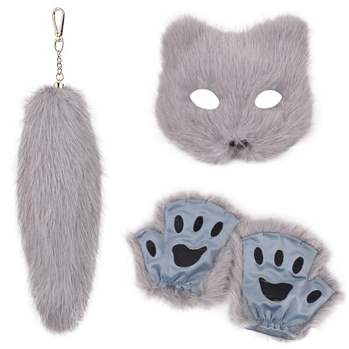 GKYQVE Mode Foxes Kostüme Set Mit Weichen Maskenhandschuhen Und Plüsch Schwanz Schlüsselbund Set Für Maskerades Event Stilvolle Outfit GKYQVE Mode Foxes Kostüme Set Mit Weichen Maskenhandschuhen Und Plüsch Schwanz Schlüsselbund Set Für Maskerades Event Stilvolle Outfit von GKYQVE