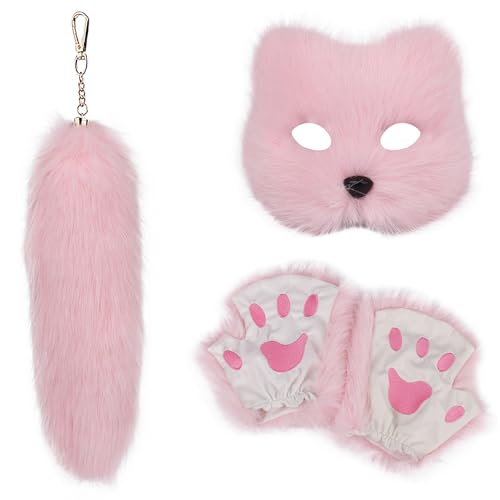 GKYQVE Mode Foxes Kostüme Set Mit Weichen Maskenhandschuhen Und Plüsch Schwanz Schlüsselbund Set Für Maskerades Event Stilvolle Outfit GKYQVE Mode Foxes Kostüme Set Mit Weichen Maskenhandschuhen Und Plüsch Schwanz Schlüsselbund Set Für Maskerades Event Stilvolle Outfit von GKYQVE