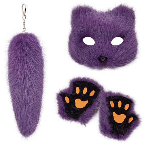 GKYQVE Mode Foxes Kostüme Set Mit Weichen Maskenhandschuhen Und Plüsch Schwanz Schlüsselbund Set Für Maskerades Event Stilvolle Outfit GKYQVE Mode Foxes Kostüme Set Mit Weichen Maskenhandschuhen Und Plüsch Schwanz Schlüsselbund Set Für Maskerades Event Stilvolle Outfit von GKYQVE