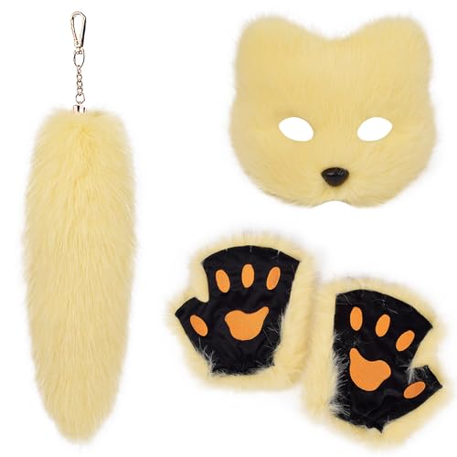 GKYQVE Mode Foxes Kostüme Set Mit Weichen Maskenhandschuhen Und Plüsch Schwanz Schlüsselbund Set Für Maskerades Event Stilvolle Outfit GKYQVE Mode Foxes Kostüme Set Mit Weichen Maskenhandschuhen Und Plüsch Schwanz Schlüsselbund Set Für Maskerades Event Stilvolle Outfit von GKYQVE