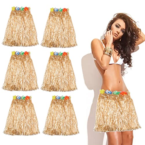 GLAITC 6 Stück 40 cm Hula Gras Rock Hawaiian Leis Tanzkleid Set mit Blume, elastischer Rock goldene Strohfarbe für Hawaiian Aloha Beach Summer Party Supplies von GLAITC