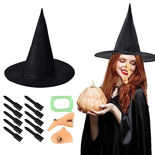 GLAITC Halloween Hexenhut, Hexen Zubehör, Damen Hexenhut+Hexennase+Hexenkinn+Hexennagel+Falsche Zähne, Zauberermütze für Karneval Cosplay Kostümparty Halloween von GLAITC