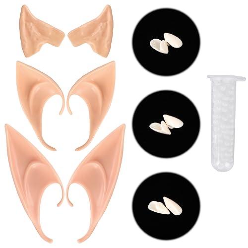 GLAITC Halloween Vampirzähne Elfenohren Set, 3 Paar Vampir Reißzähne und Pellets Kleber+3 Paar Elf Ohren, Halloween Vampir Cosplay Zubehör für Halloween Party, Karneval Kostümzubehör von GLAITC