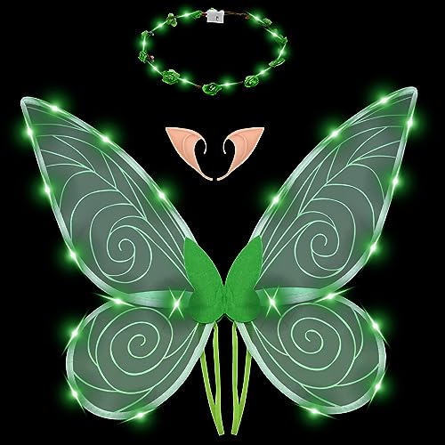 Leuchtende FeenflüGel Led Sparkle Angel Wings SchmetterlingsflüGel Anziehen Mit Elastischen Schulterriemen Halloween KostüMe FüR Kinder Erwachsene MäDchen FüR Geburtstag Weihnachten (Grün) von GLAITC