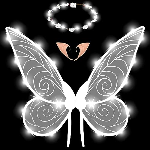 Leuchtende FeenflüGel Led Sparkle Angel Wings SchmetterlingsflüGel Anziehen Mit Elastischen Schulterriemen Halloween KostüMe FüR Kinder Erwachsene MäDchen FüR Geburtstag Weihnachten (weiß) von GLAITC