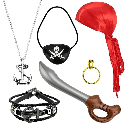 Piraten Kostüm Zubehör, 6 Stück Piraten Kapitän Kostüm Accessoires Piratenkostüm Kinder Piraten Accessoires Augenklappe Pirat Roter Piraten Kopftuch Piraten Halskette für Halloween, Rollenspiel von GLAITC