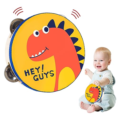 Tamburin, Handtrommel, Musik Tamburin mit Süßem Tiermotiv, Hölzerne Tamburin, Baby Trommel, Musikinstrumente Kinder, Musikinstrument Aus Holz, Instrument Spielzeug für Jungen Mädchen (Dinosaurier) von GLAITC