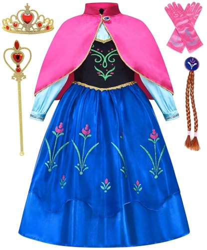 GLEEMEN Mädchen Anna Kostüm Kleid, Kinder Elsa Prinzessin Kostüm, mit Zubehör Krone Zauberstab Handschuhe für Karneval Party Cosplay Verkleidung Halloween Fest Geburtstag (110) von GLEEMEN