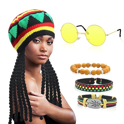 GLGHMH 5pcs Rasta Kostüm Zubehör Rasta Hut mit schwarzen Dreadlocks und gelben Brille und 3pcs Armband Karibik Fasching Kostüm für Party Cosplay GLGHMH 5pcs Rasta Kostüm Zubehör Rasta Hut mit schwarzen Dreadlocks und gelben Brille und 3pcs Armband Karibik Fasching Kostüm für Party Cosplay von GLGHMH