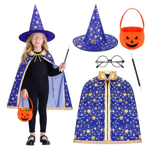 Zauberer-Umhang und Hexenhut für Kinder, Set mit goldenem Sternmuster, magisches Hexen-Outfit, Zauberer-Umhang für Kinder, Cosplay, Maskerade, Party-Requisiten Zauberer-Umhang und Hexenhut für Kinder, Set mit goldenem Sternmuster, magisches Hexen-Outfit, Zauberer-Umhang für Kinder, Cosplay, Maskerade, Party-Requisiten von GLGHMH