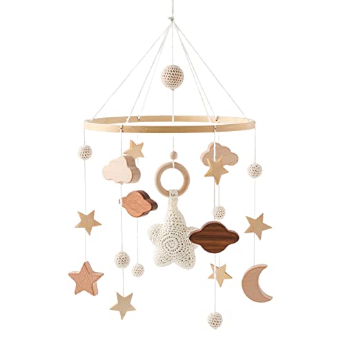 GLITZFAS Babybett Mobile Baby Windspiel, Mobile Baby Holz mit Filzbällen und Wolken Ornament Kinderzimmer Hängende Bettglocke Geschenk für Baby Mädchen oder Jungen, Rassel Spielzeug (Beige B) von GLITZFAS