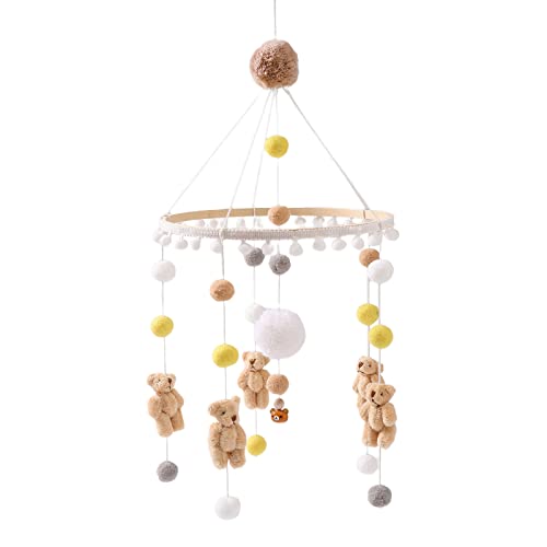 GLITZFAS Holz Baby Mobile mit Filzkugeln, Mobile Babybett Bettglocke für Baby, Kinderzimmer und Babybett Rassel Dekoration, Neugeborenen Geschenk (Teddybär) von GLITZFAS