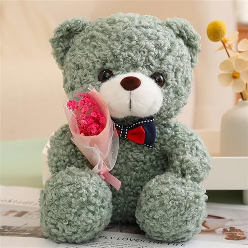 GLITZFAS Kawaii Teddybär Kuscheltier Plüschtier, Teddybär mit Rose, 25cm Stofftier Plüschkissen Spielzeug Plüsch Puppen Kissen Geschenk für Damen Weihnachten Geburtstag Valentinstag (Grün) von GLITZFAS