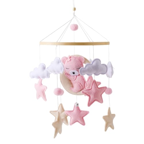 GLITZFAS Mobile Baby Hölz Babybett Mobile Baby Windspiel Filzbällen Rosa Bär Babyzimmer Mobile Baby Neugeborene Jungen Mädchen Anhänger von GLITZFAS