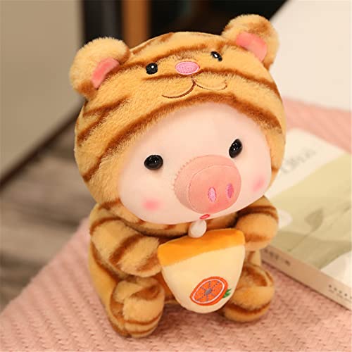 GLITZFAS Schwein Plüschtier Kuscheltier, Boba Stofftier Schwein mit Bubble Tea Cup Plüsch Spielzeug Plüschpuppen Weich Kissen Geschenk Kinderspielzeug (Tiger,30 cm) von GLITZFAS