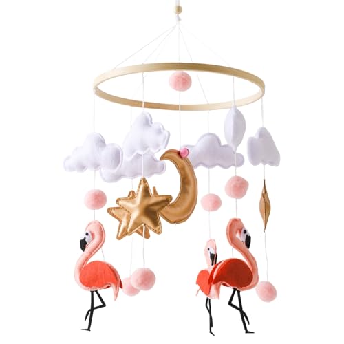 GLITZFAS Mobile Baby Windspiele, Babybett Mobile Baby Hölz mit Filzbällen, Flamingo Mobile Baby Anhänger Neugeborenen Geschenk für Baby von GLITZFAS