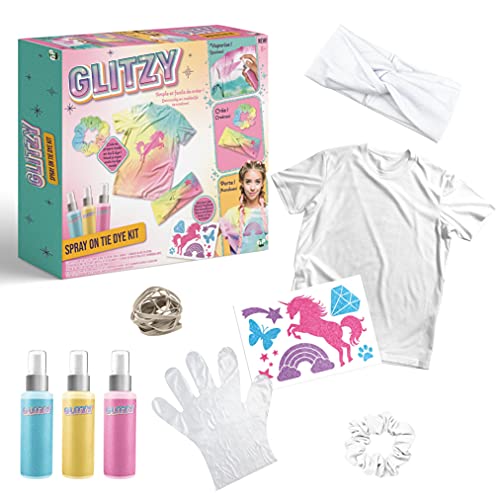 GLITZY, Set Spray on Tie & Dye, kreative Hobbys, eigene Accessoires in Tie & Dye, 1 T-Shirt, 1 Haargummi und 1 weißes Haarband, 3 Farbsprays und Zubehör, ab 6 Jahren, Gly02 von GLITZY