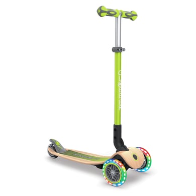 GLOBBER Scooter PRIMO FOLDABLE WOOD LIGHTS lime grün - mit Leuchtrollen und Holzdeck von GLOBBER