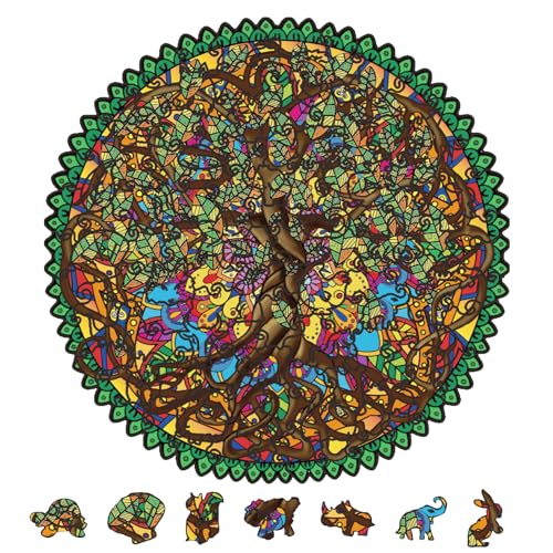 GLOBLELAND 120 Stück Baum des Lebens Holzpuzzle Für Erwachsene, Runde Puzzles Aus Holz Für Erwachsene, Bunte Puzzles Für Geburtstage, Weihnachten, 190x190 mm/7.5x7.5 Zoll von GLOBLELAND