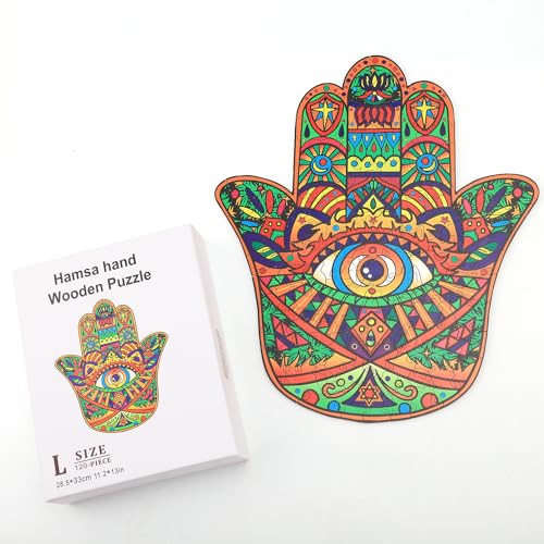 GLOBLELAND 120-Teiliges Holzpuzzle Für Erwachsene, Hamsa-Hand-Holzpuzzle, Buntes Holz-Puzzle Für Erwachsene, Für Geburtstag, Weihnachten, 33x28.5 cm von GLOBLELAND