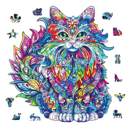 GLOBLELAND 200 Stück Fantasy Katzen Holzpuzzles Für Erwachsene, 277x304 mm/11x12 Zoll, Holzpuzzles Für Erwachsene, Einzigartig Geformte Holzpuzzles, Tierische Bunte Puzzles Für Geschenke von GLOBLELAND