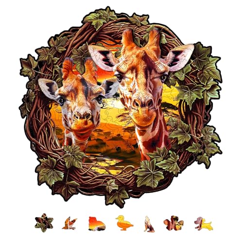 GLOBLELAND 200 Stück Giraffenblätter Holzpuzzle Für Erwachsene 28.1x27.9cm /11.06x10.98 Zoll Holzpuzzle Für Erwachsene Einzigartig Geformte Holzpuzzles Tier Bunte Puzzles von GLOBLELAND