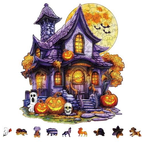 GLOBLELAND 200 Stück Halloween Geisterhaus Holzpuzzle Für Erwachsene 227x319mm /9x12.5 Zoll Holzpuzzle Für Erwachsene Farbenfrohes Einzigartiges Holzpuzzle In Tierform als Halloween von GLOBLELAND