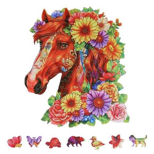 GLOBLELAND 200 Stück Holzpuzzle Mit Pferd Und Blumen Für Erwachsene 33.6x27.9cm /13.22x10.98 Zoll Holzpuzzle Für Erwachsene Einzigartig Geformte Holzpuzzles Bunte Tierpuzzles von GLOBLELAND