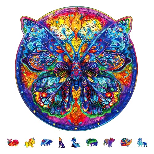 GLOBLELAND 200 Stück Mandala Schmetterling Holzpuzzle Für Erwachsene, 28.2x27.7 cm/11.1x10.9 Zoll, Holzpuzzle Für Erwachsene, Einzigartig Geformte Holzpuzzles, Tier Bunte Puzzles Für Den Geburtstag von GLOBLELAND