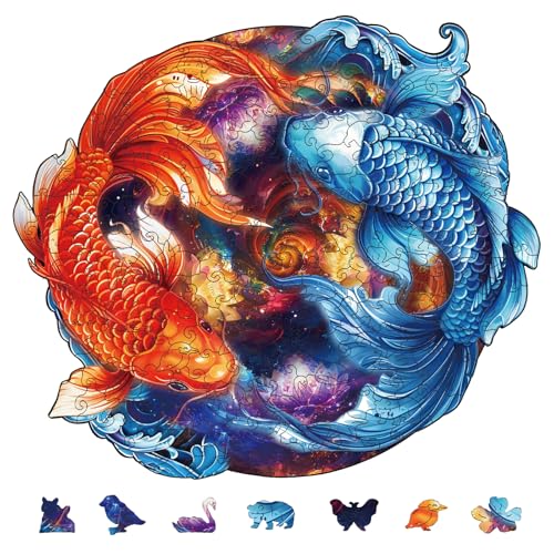 GLOBLELAND 200 Stück Yin Yang Fisch Holzpuzzle Für Erwachsene 31.5x27.7cm /12.4x10.82 Zoll Holzpuzzle Für Erwachsene Einzigartig Geformte Holzpuzzles Tier Bunte Puzzles von GLOBLELAND