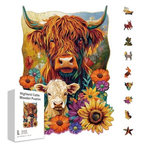 GLOBLELAND 300Pcs Sonnenblume Hochlandrinder Holzpuzzle für Kinder Puzzles Blumen Holz Erwachsene Bunte einzigartige Tier geformt Puzzles für Vorschule Lernen Geburtstag Ostern Geschenke von GLOBLELAND