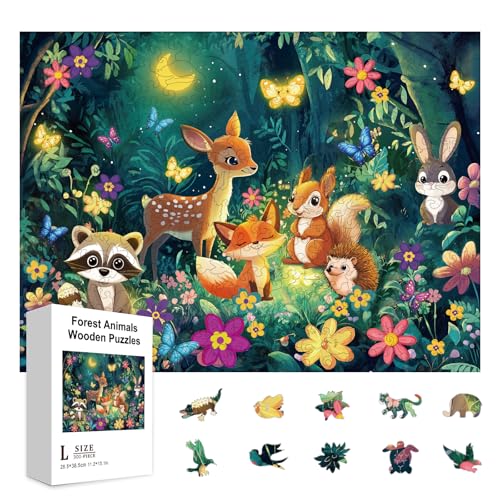 GLOBLELAND 300Pcs Karikatur Nacht Wald Tiere hölzerne Puzzles für Kind Hirsch und Fuchs Jigsaw Puzzles Holz Erwachsene Bunte Puzzles für Kleinkind Kinder Lernen Geburtstag Jahrestag Geschenke von GLOBLELAND