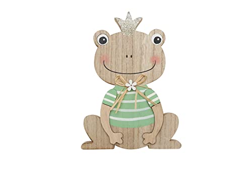 GLOREX 6 1860 404 - Holzfrosch, Figur zum Hinstellen mit grünem Shirt, ca. 12 x 18 x 2 cm, dekoriert mit Blume und glitzernder Krone von GLOREX