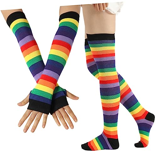 GLSTOY 2 Stück Regenbogenstreifen Handschuhe Socken Set Warme Beinstrümpfe Handschuhe Bunte Oberschenkel Hohe Socken Für Frauen Mädchen Kostüme (handschuhe Und Socken Schwarzer Mund) von GLSTOY