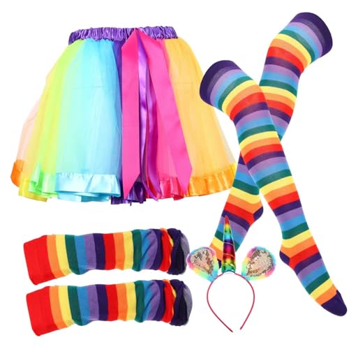 GLSTOY Regenbogen Party Dekoratives Stirnband Partykostümversorgung Headband Rainbow Tutu Skirt with Striped Thigh Regenbogenkopfschmuck Regenbogenstirnband High Socks and Gloves Adult Cosplay Costume von GLSTOY