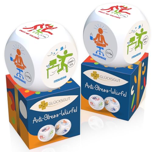 GLÜCKSGUT® Anti Stress Würfel | 2er Pack Piktogramme | Lustiger Stresswürfel | 6 Motive, Geschenkbox & Anleitung | Anti Stress Spielzeug, Kollegen Geschenk, Büro Geschenk, Anti Stress Geschenk von GLÜCKSGUT