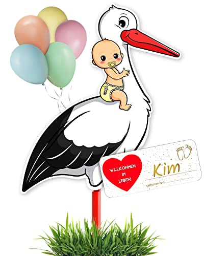 GLÜCKSGUT® Klapperstorch Baby Gelb, 100 cm | 5-teiliges Set | Geburtsstorch inkl. Holzstab + Namensschild + Grußkarte + Stift + Ballons | Storch Geburt für Draussen & Drinnen | Geburtsgeschenk von GLÜCKSGUT