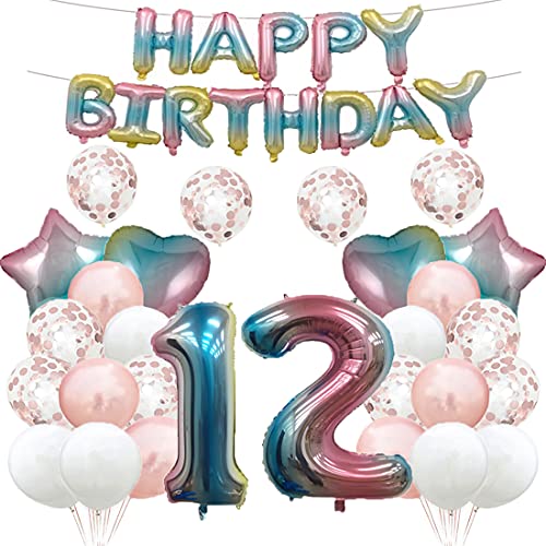 Luftballon zum 12. Geburtstag, Dekoration, Regenbogenfarben, 12 Luftballons, Happy 12th Birthday, Partyzubehör, Nummer 12, Folie, Mylar-Ballons, Latex-Ballon für Mädchen, Jungen, Frauen, Männer von GLZLMM